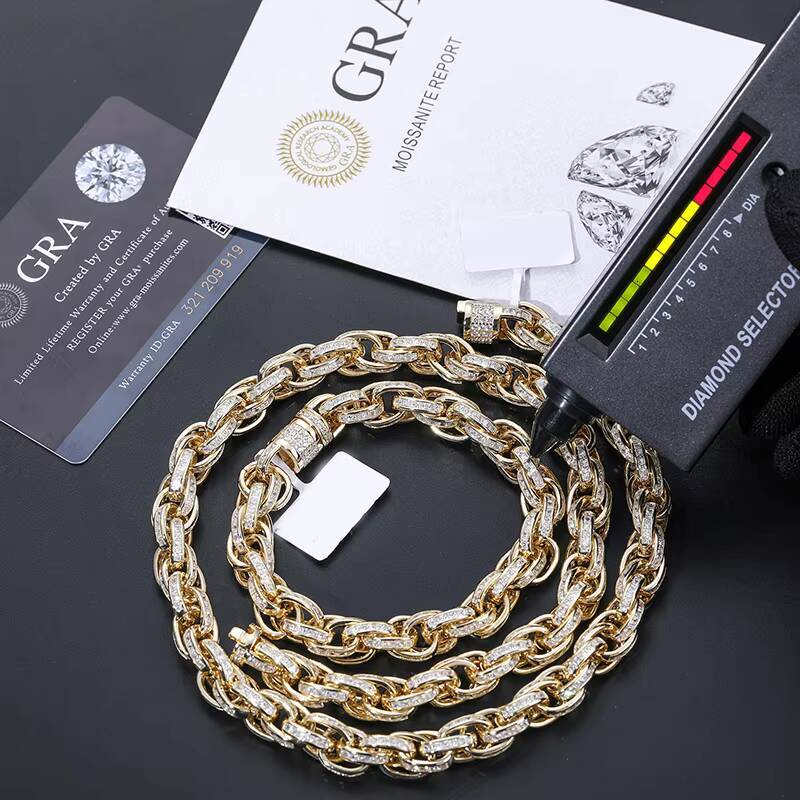 New Design Bling Rapper Jewelry Hip Hop Men 10mm 925 Sterling Silver VVS Baguette Moissanite Diamond Iced Out Twist Rope Chain