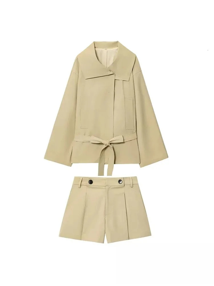 KONDALA Office Lady Khaki Suits Women Long Sleeve Sashes Button Trench Jakcets Wide Leg Button Shorts Fashion Autumn Suits 251031