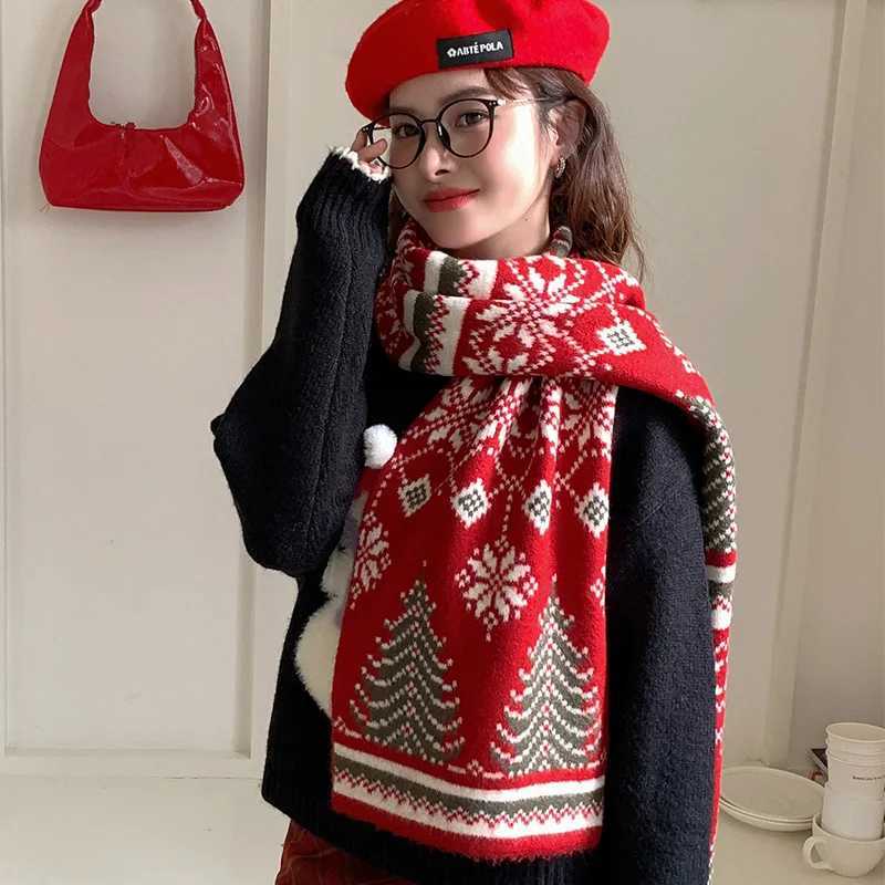 Red Knitted Scarf with Christmas Tree and Reindeer Pattern Warm Unisex Winter Scarf for Festive Atmosphere Holiday GiftingW251030