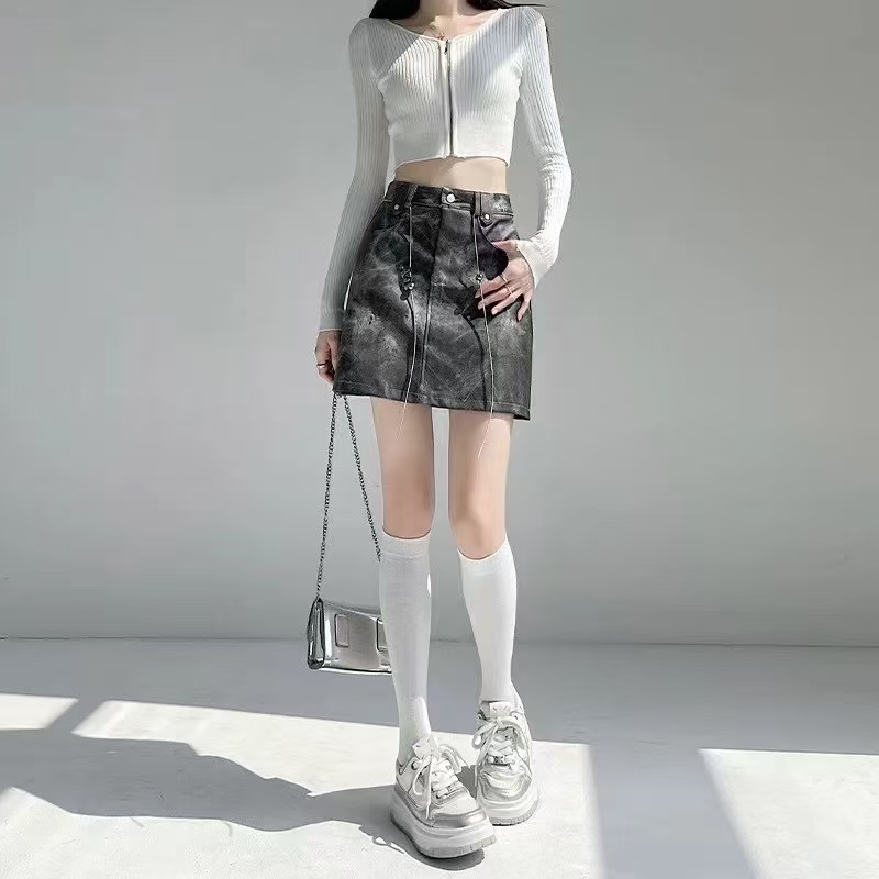 Women's Drawstring Leather Mini Skirt with Zipper Front, High-Waisted Short Skirt, Slimming & Heightening, Edgy Street Style Skirt for Women-NO05