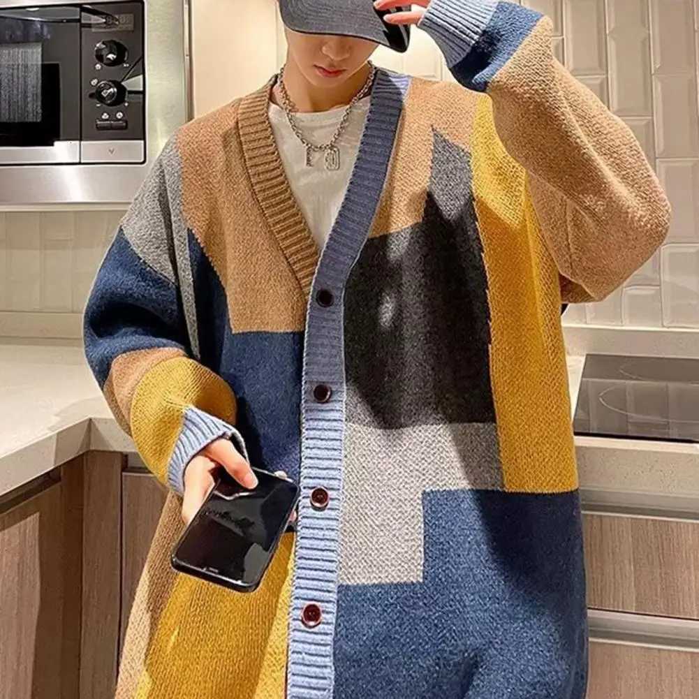 Plus Size Men Sweater Coat Knitted Thick Colorblock Cardigan Singlebreasted Mid Length V Neck Patchwork Male Sweater LooseT251031
