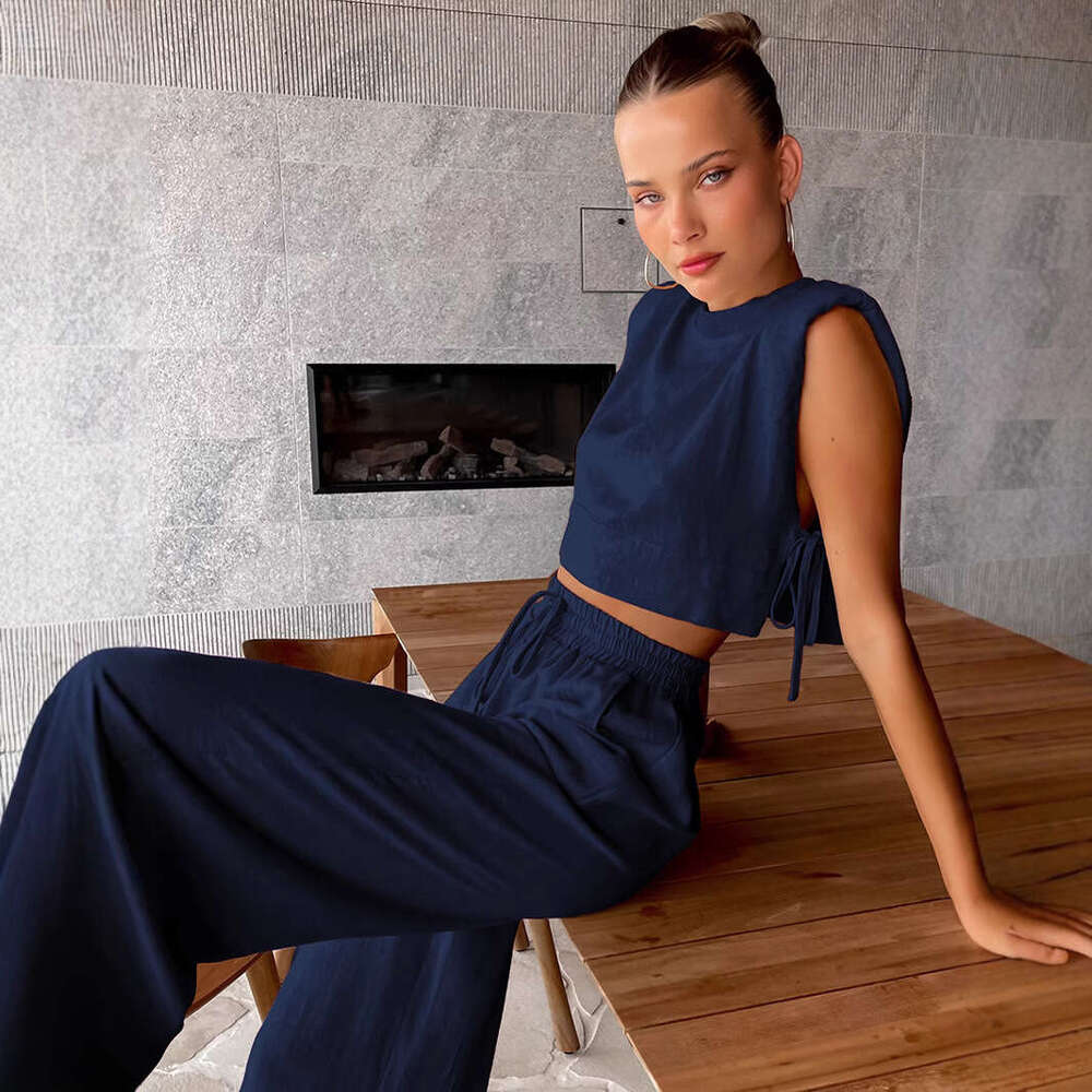 2025 Fashion Cotton Linen Suit Women's Summer Padded Shoulder Sleeveless Top Long Pants Two-Piece Set European And American Casual Women dc53