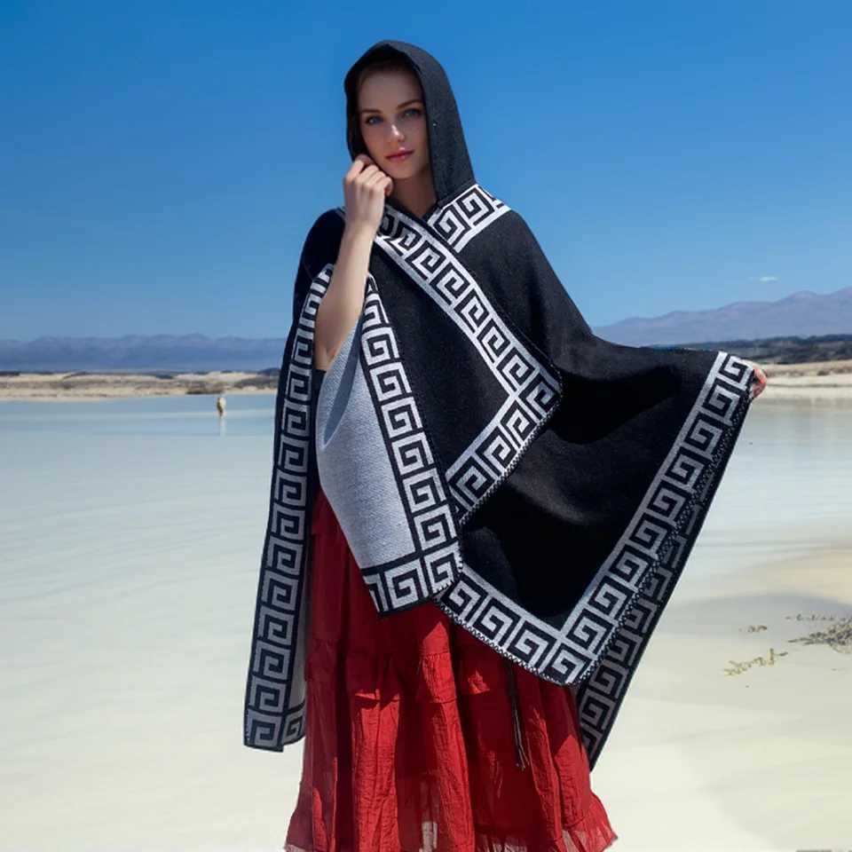 New Fine Ladies Shawl Scarf with Geometric Pattern Borders Hooded Wrap Shawl Autumn Winter outdoor Travel Stylish Women C251031