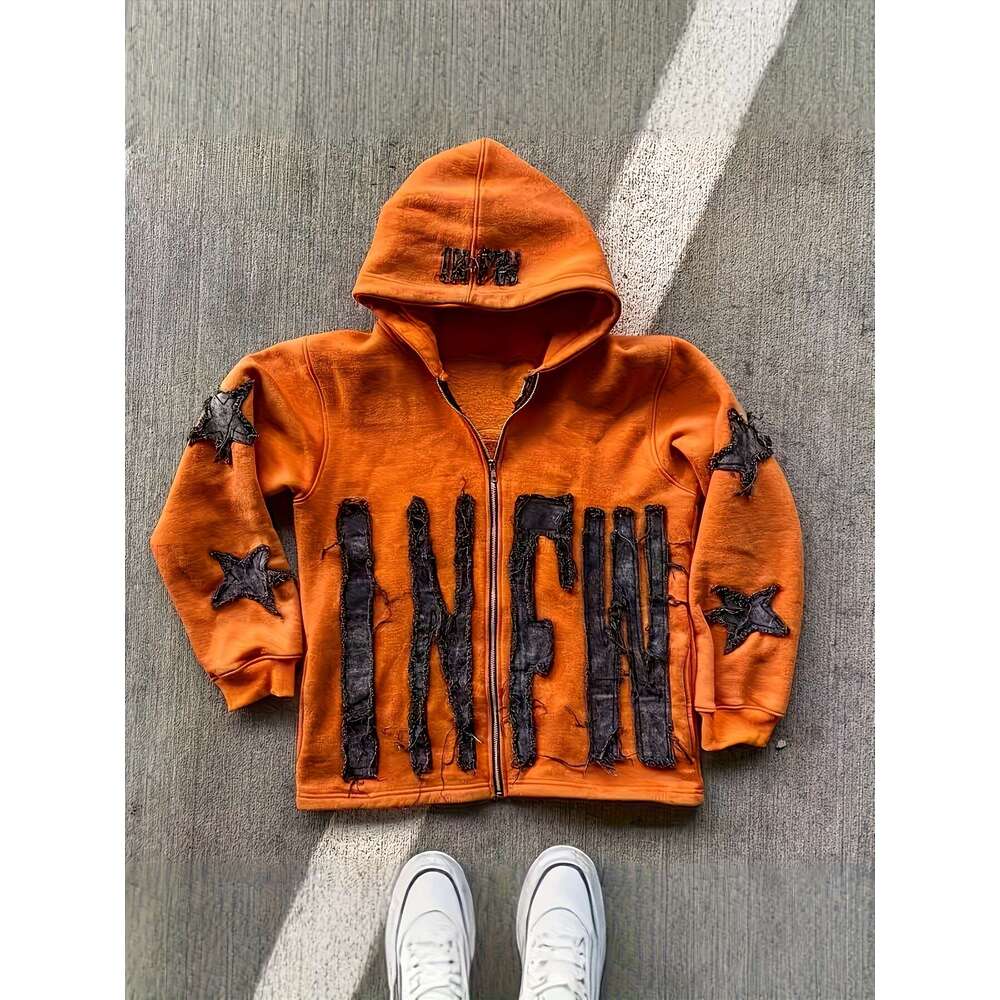 Y2k Retro Hip Hop Zip Hoodie Distressed Joyful Face Graphic, Full-Zip Closure, Loose Streetwear Jacket, A-Line Silhouette & Split Hem Vibrant Orange B