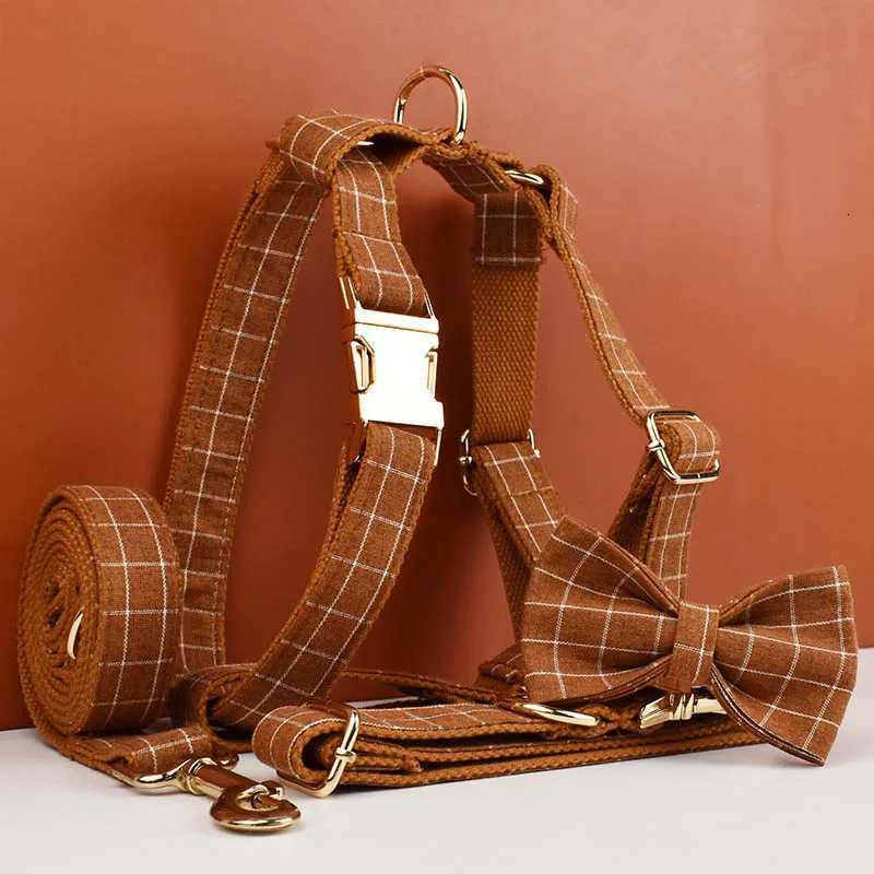 Top Seller Custom Design Brown Grid Soft Cotton Pet Accessories Dog Collar Leashes Harness Bow Set Manufacturers Grid06 C251031