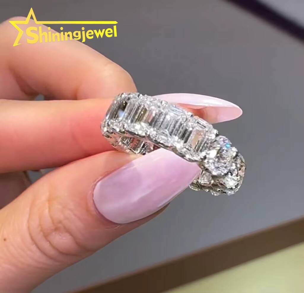Factory Direct Sell 10K 14K 18K White Gold VVS D Color 3X5MM Emerald Cut Mix Round Brilliant Cut Lab Grown Diamond Ring Band