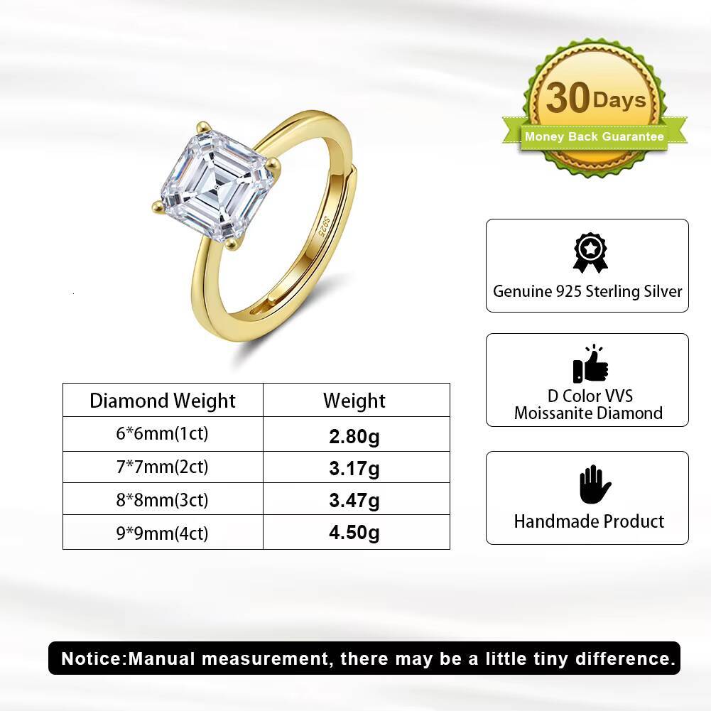 RINNTIN SMOR04 Fine Jewelry 925 Sterling Silver Moissnaite Square Cut Engagement Wedding Adjustable Ring with Certificate