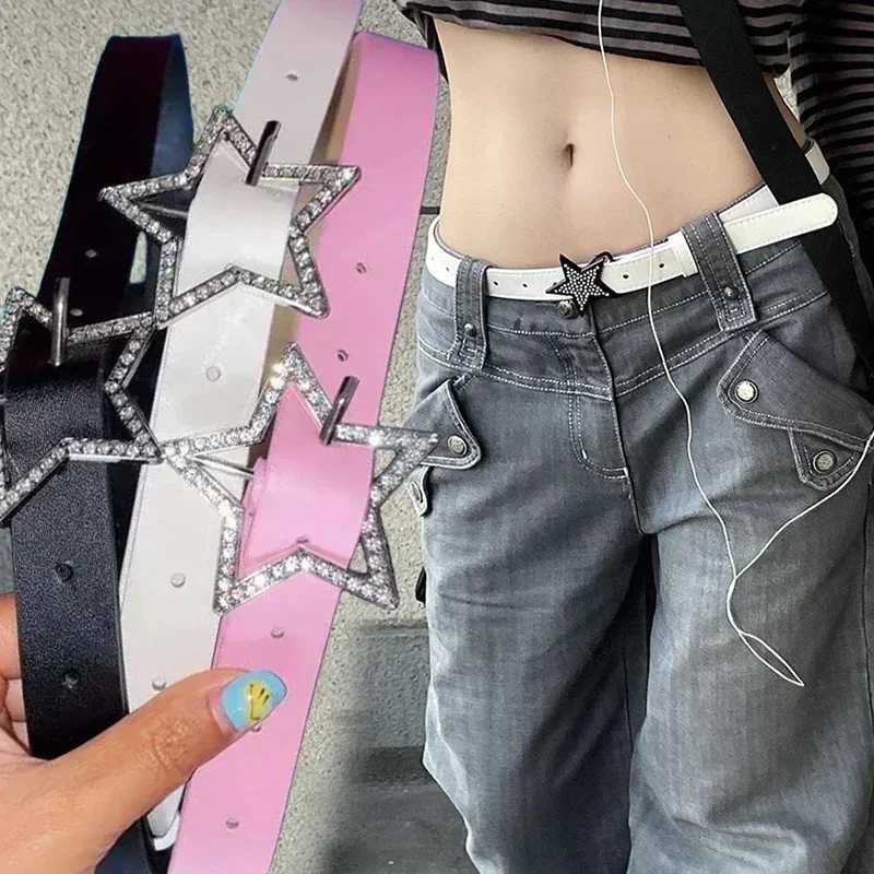Y2K Star Buckle Belt Pink Leather Elastic Binding Embellished Waistband Sparkling Rhinestone Retro Bride Decoration AccessoriesW251030