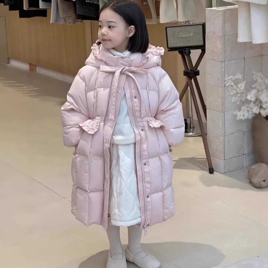 Winter Warm Girls Cute Lace Design Long Plain Hooded Zip Puffer Jackets School Kid Thick Coat Children Windbreaker Outfit 314Yr L251009
