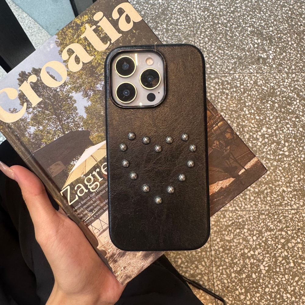 Leather Rivet Round Bead Heart Phone Case Compatible with iPhone 17/16P Personalized Heart Pendant iPhone 15/14