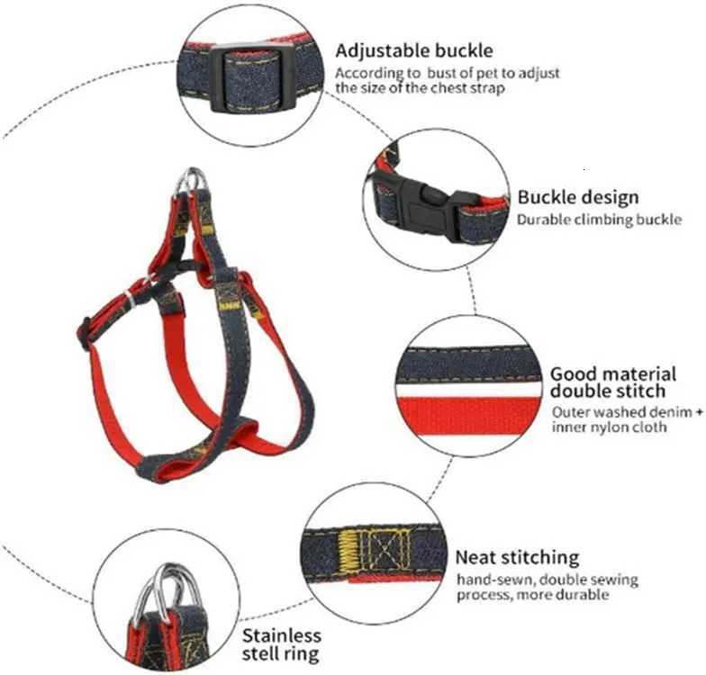 Dog Leash Harness Adjustable Collar Set Denim Pet Lead Vest for Small Medium Large Dogs Pet Cat Lead for Walking Training C251031