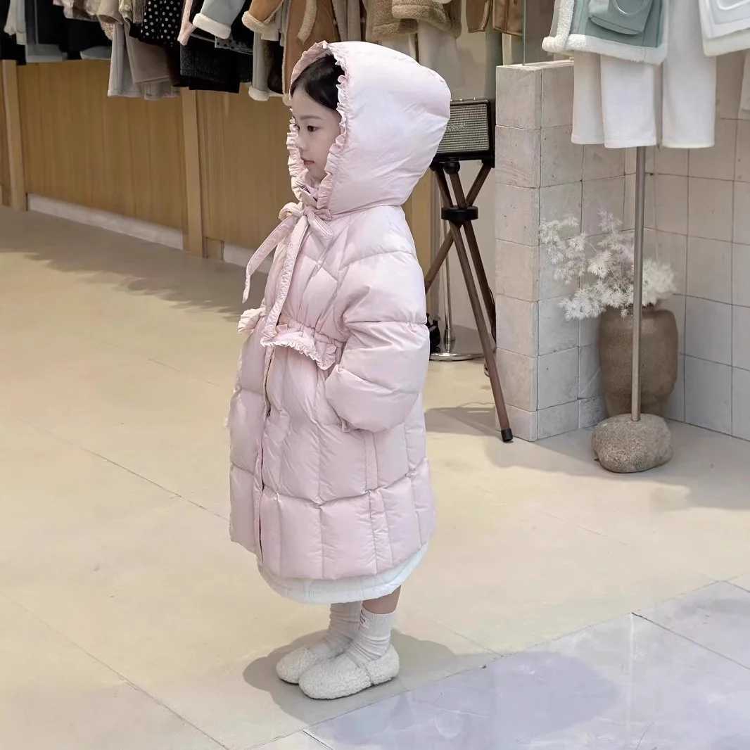 Winter Warm Girls Cute Lace Design Long Plain Hooded Zip Puffer Jackets School Kid Thick Coat Children Windbreaker Outfit 314Yr L251009