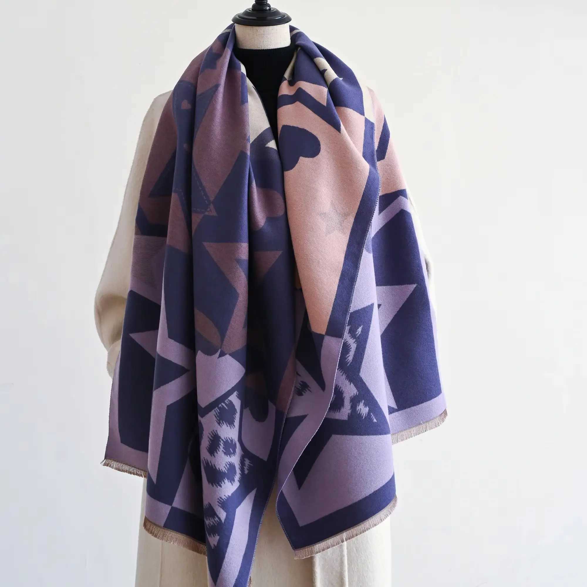 2025 Luxury Star TwoSided Scarf For Women Warmer Winter Cashmere Scarves Shawls Female Thick Blanket Wraps Foulard C251031