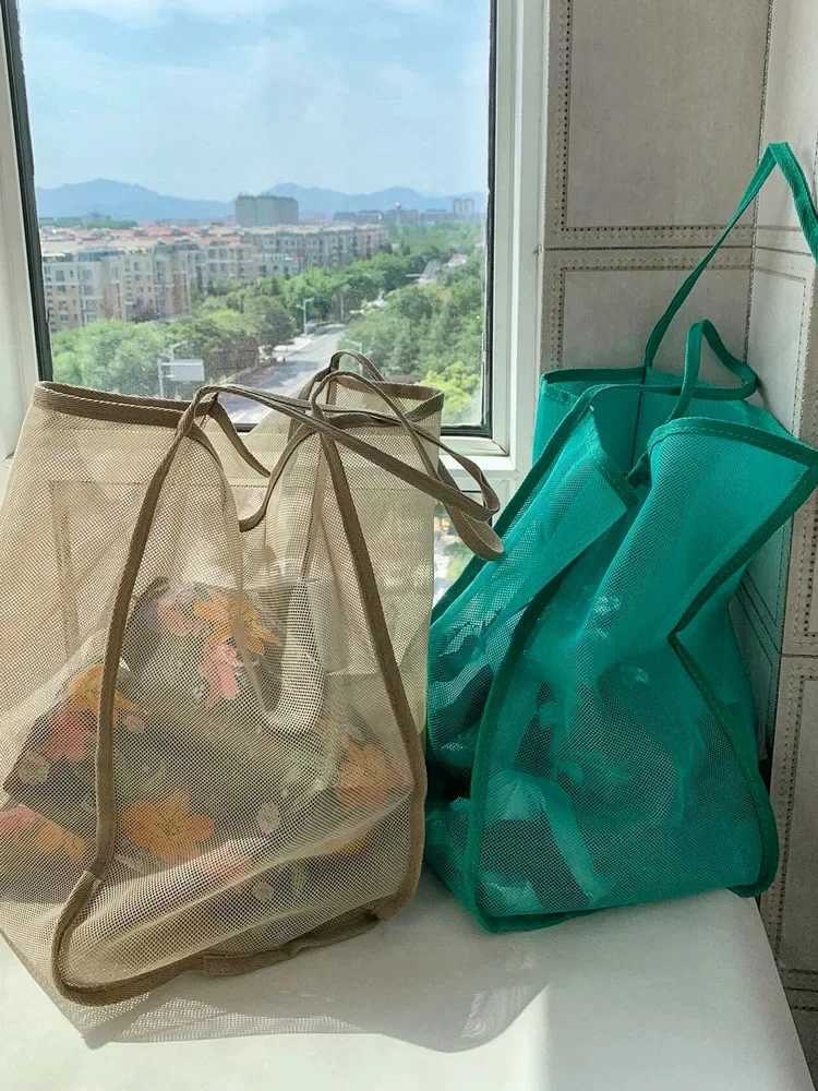 Women Mesh Beach Tote Bag Shoulder Handbag Swimming Beach Bag Large Capacity Kids Toys Storage Bags Makeup Organizer Travel Bag W251031