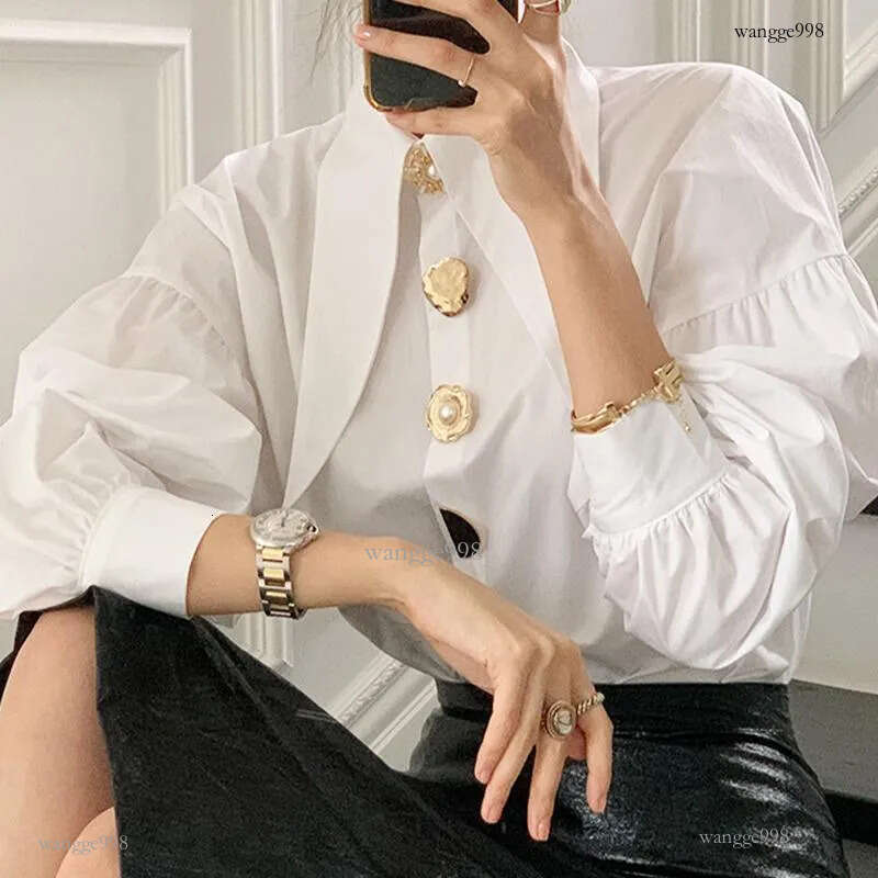 Women's Blouses & Shirts 2021 Autumn Pointed Collar White Shirt Women Lantern Long Sleeve Single Breasted Office Lady Elegant Chic Casual