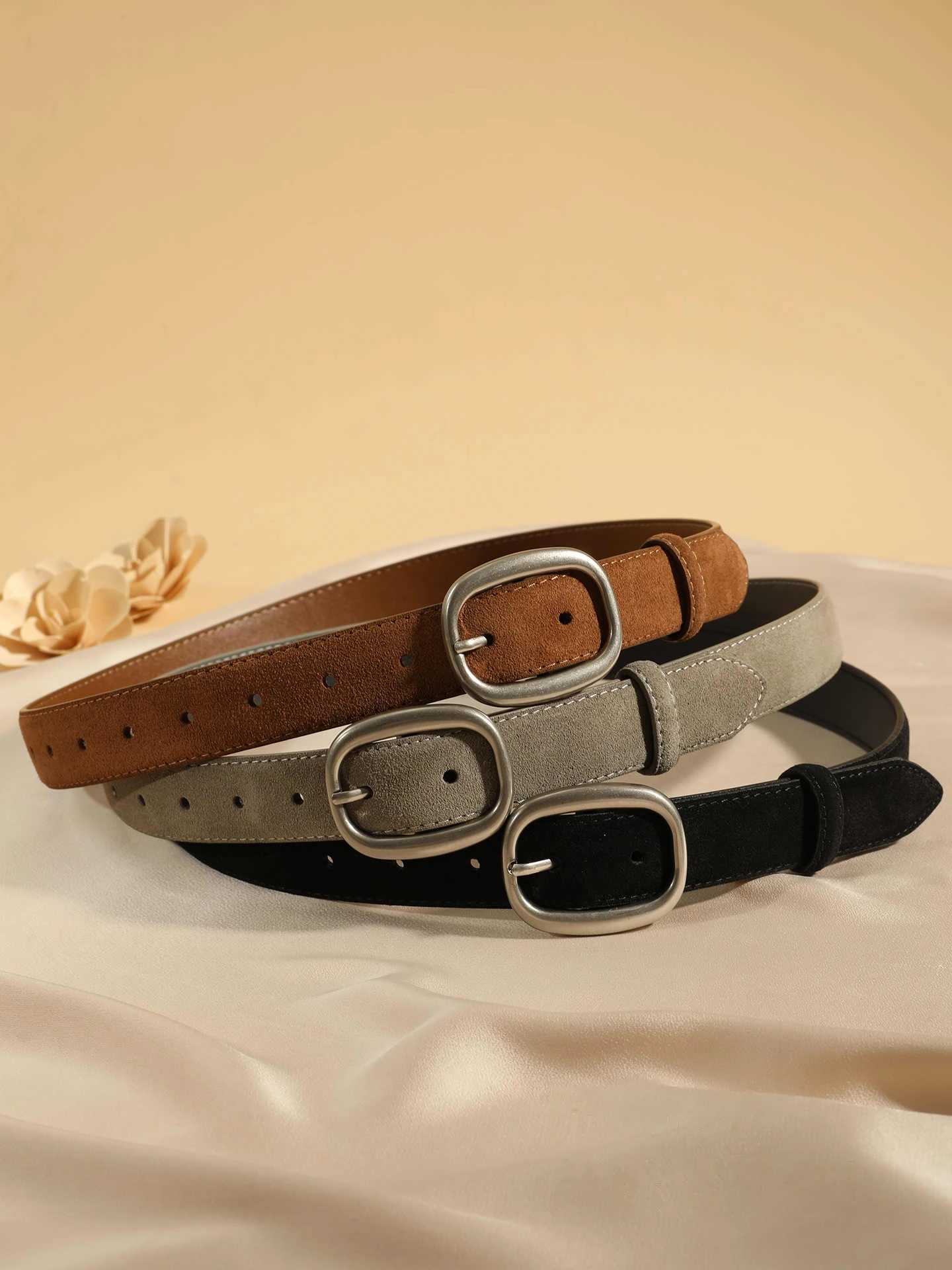 New Vintage Womens Suede Leather Belt Luxury Casual Leather Lady Belts Sliver Alloy Buckle Elegant Waist Belts for Dress CoatsW251030