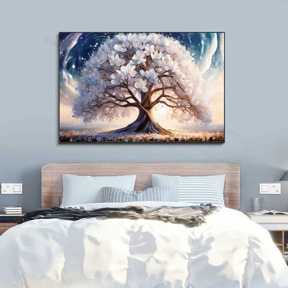 Blooming Tree With Whit Flowers Artistic Canvas PaintingAbstract Wall Art Poster Home Decor Print PictureRoom DecorUnframed C251031
