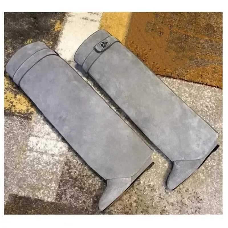 Elegant High Heel MidCalf Boots with Metal Buckles for Formal Banquets Stylish Riding Boots for Women Chunky Heel Dress Boots Z251029