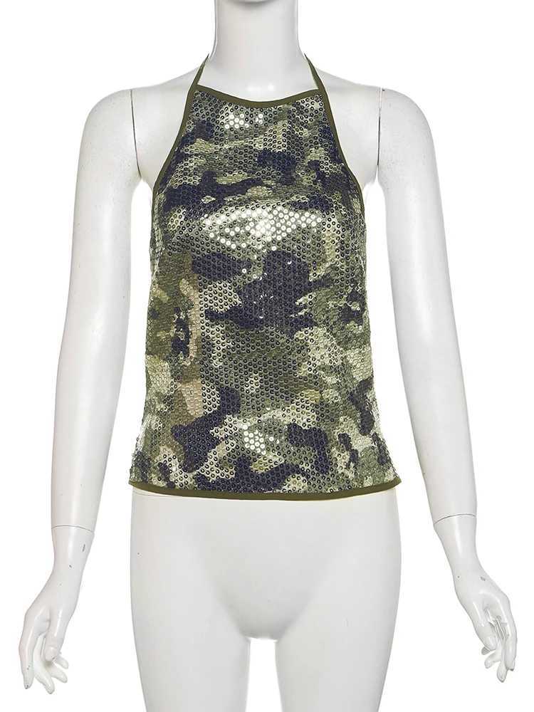 Weird Puss Camouflage Sequins Camisole Women Halter LaceUp Backless Slveless Sexy Strt Midnight Daily Summer Trend Tops C251031
