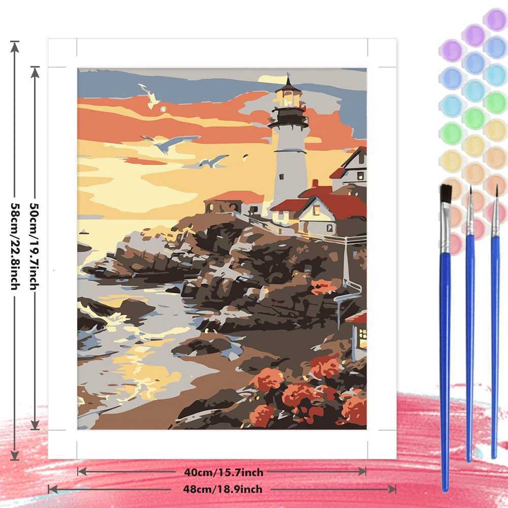 Painting By Number Kits Sunset Lighthouse Scene Seascape Coastal DIY Digital Oil Painting Landscape Coloring Artcraft Handpaint C251031