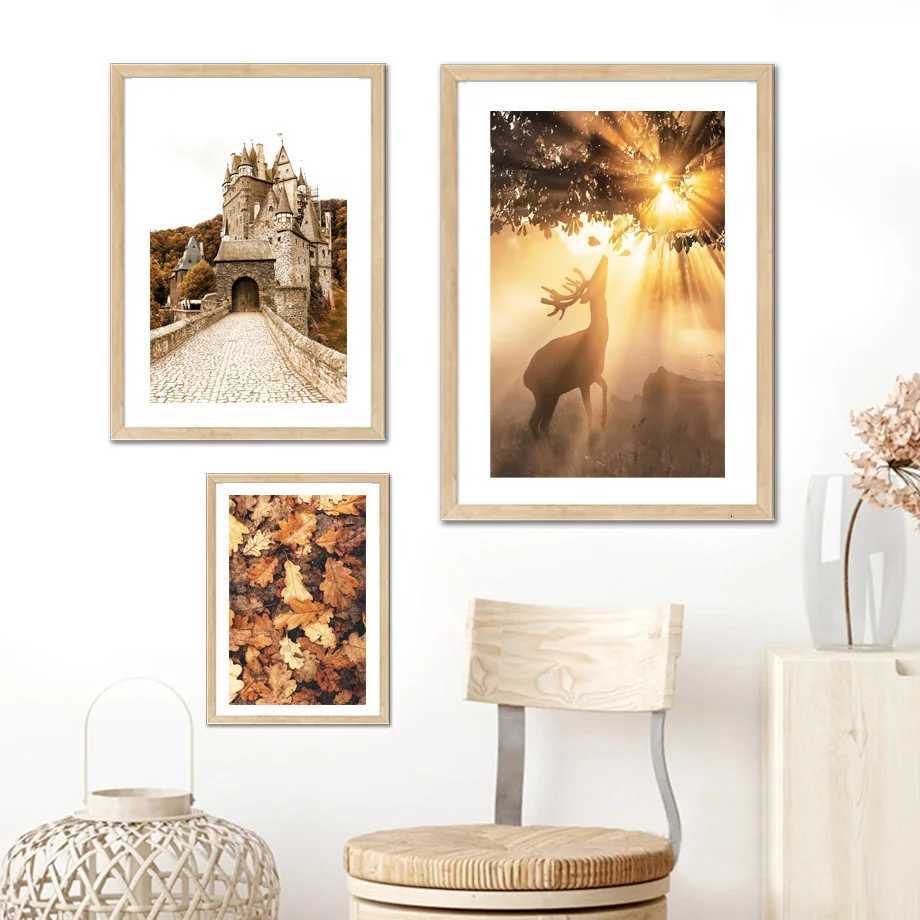 Autumn Deer Castle Fallen Leave Posters Pier Plant Forest Prints Wall Art Pictures Canvas Painting For Living Room Home Decor C251031