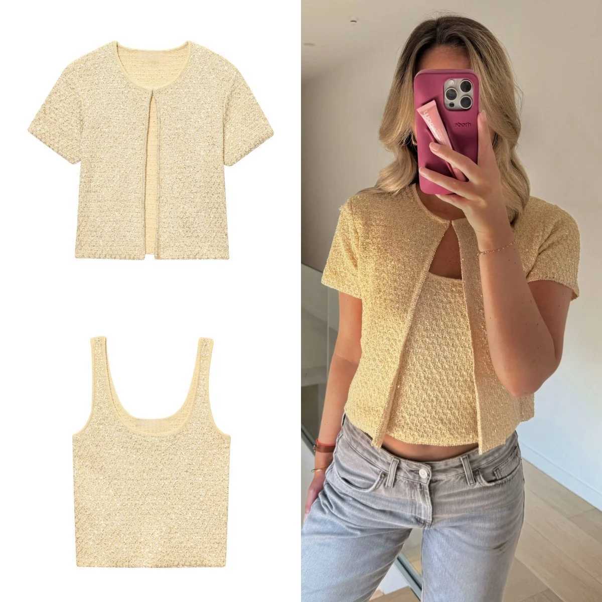 UNIZERA Fashion Temperament Sequin Knitted Jacket Knitted Camisole Top Womens Clothing 2025 Summer New Products Set W251031