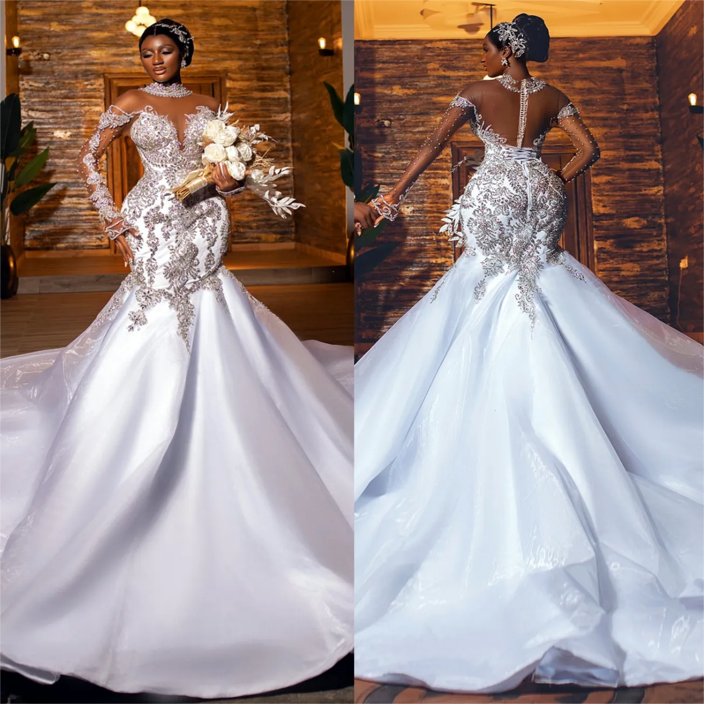 Mermaid Wedding Dresses Plus Size Beaded Lace Full Sleeves Sheer Neck Vintage Elegant Bridal Gowns Dress