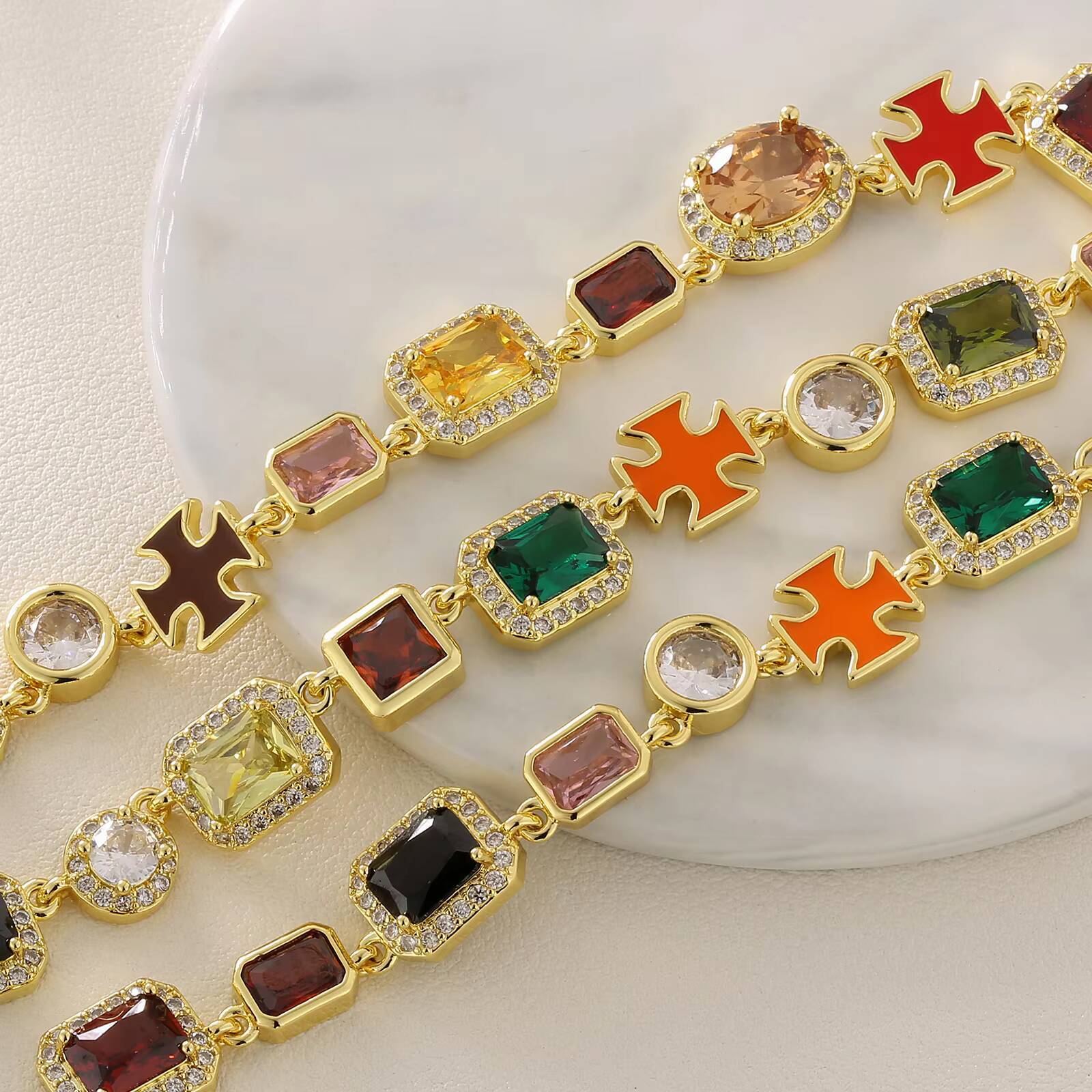 Vintage Mixed Gemstone Cross Tennis Chain 18K Gold Plated Vintage Multi Colored Jewelry 5A CZ Enamel Gem Necklace for Women Men