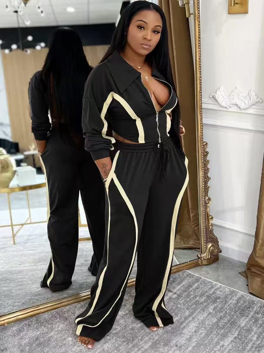 Women autumn winter contrasting long sleeved cardigan sports style two-piece set fashionable loose straight leg pants sports casual two-piece set desi