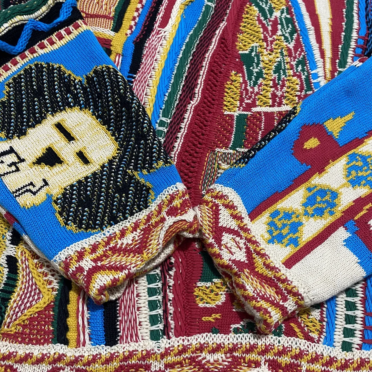 Kapital Vintage Men's Sweaters Top Quality National Characters Bitter Gourd Pattern Jacquard Japanese O Neck Pullover Knitwear Male Luxurious Des