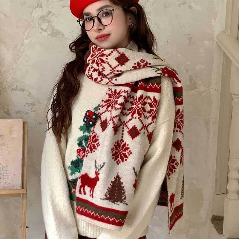 Red Knitted Scarf with Christmas Tree and Reindeer Pattern Warm Unisex Winter Scarf for Festive Atmosphere Holiday GiftingW251030