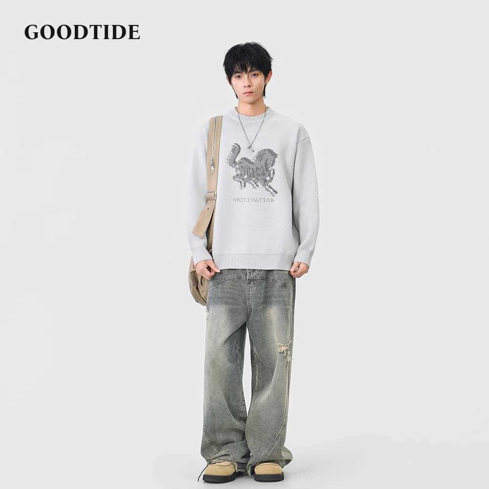 Fashion Mens Casual Crew Neck Sweater 2025 Winter New Horse Pattern Print Knitted Pullover Soft Long Sleeve Jumper Top J251021