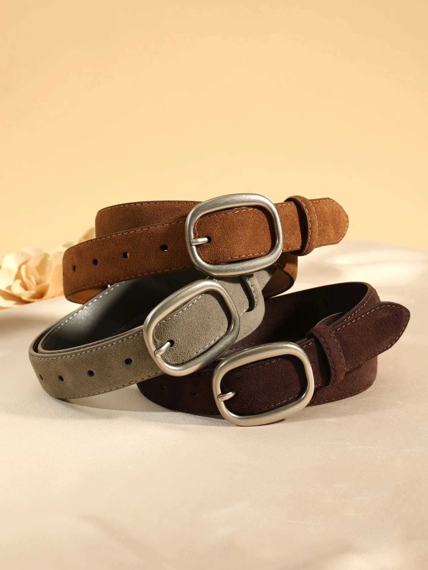 New Vintage Womens Suede Leather Belt Luxury Casual Leather Lady Belts Sliver Alloy Buckle Elegant Waist Belts for Dress CoatsW251030