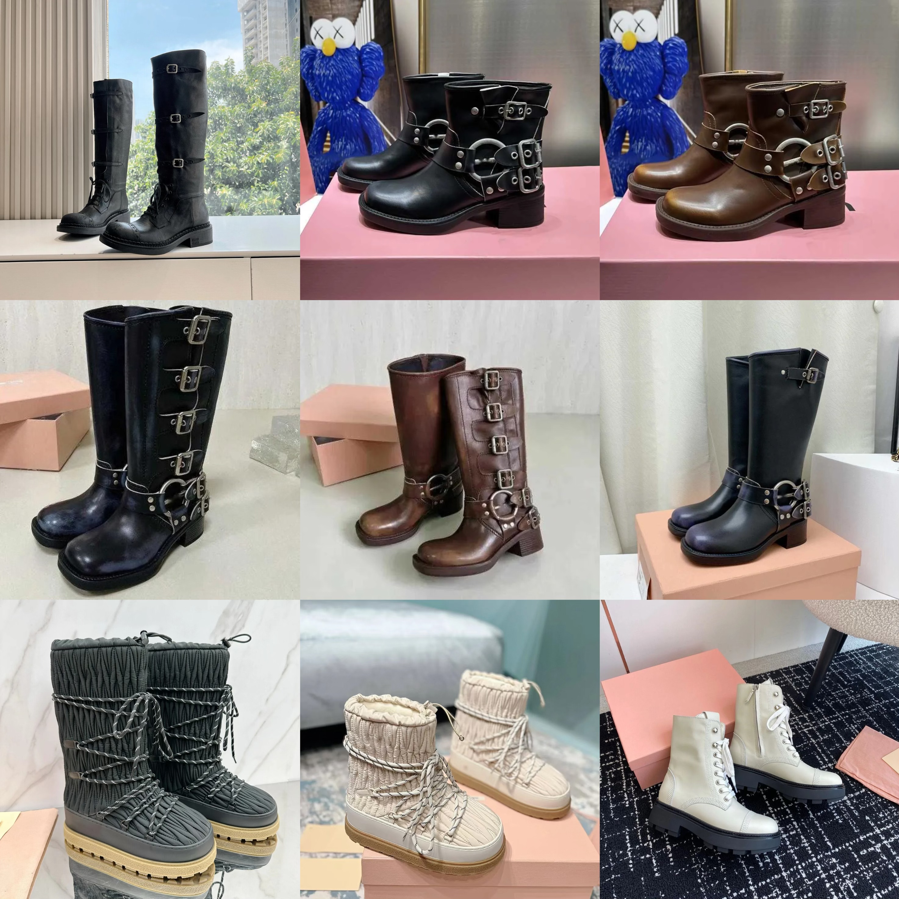 Boots Harness Belt Buckled cowhide leather Biker Knee chunky heel zip Knight boots Fashion square toe Ankle Booties for women luxury heel designer shoes