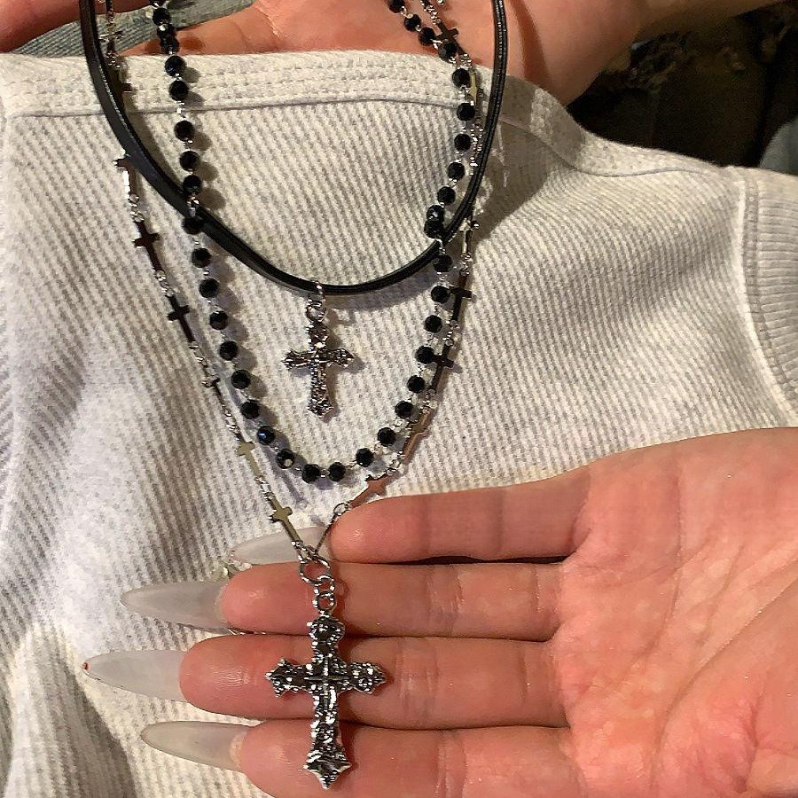 Leather Crystal Cross Pendant Three-Layer Necklace Light High-End Clavicle Fashion Niche Design Sense Neck Chain - view 3