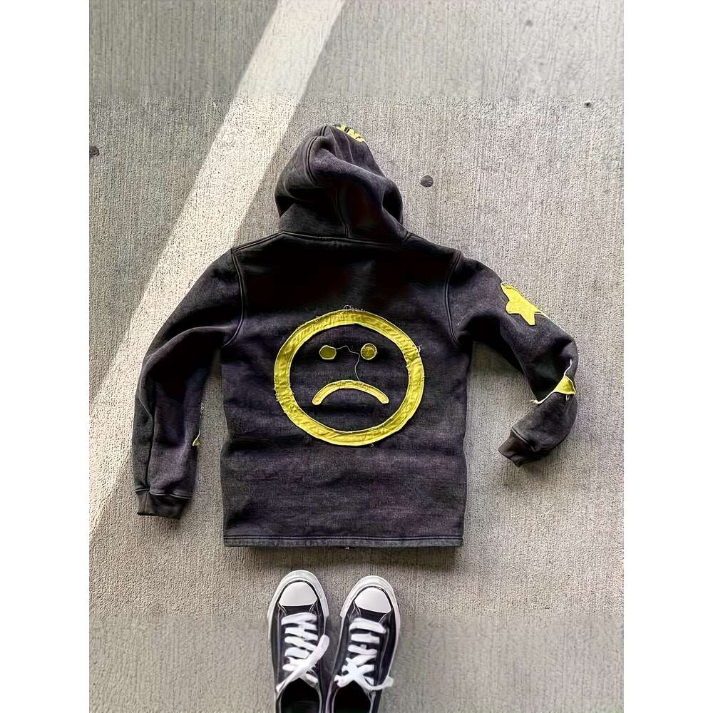 Y2k Retro Hip Hop Zip Hoodie Distressed Joyful Face Graphic, Full-Zip Closure, Loose Streetwear Jacket, A-Line Silhouette & Split Hem Vibrant Orange B