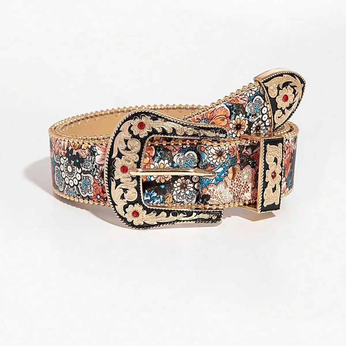 1pc Womens Palacestyle Light Luxury Gem Metal Buckle Multicolor Flower Print Belt A Versatile Decorative Belt for JeansW251030