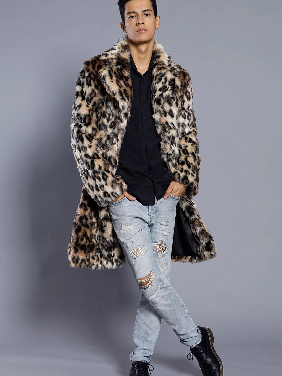 Autumn Winter Mens Faux Fur Large Lapel Long Jacket Overcoat Clothing Leopard Thick Coat 251018