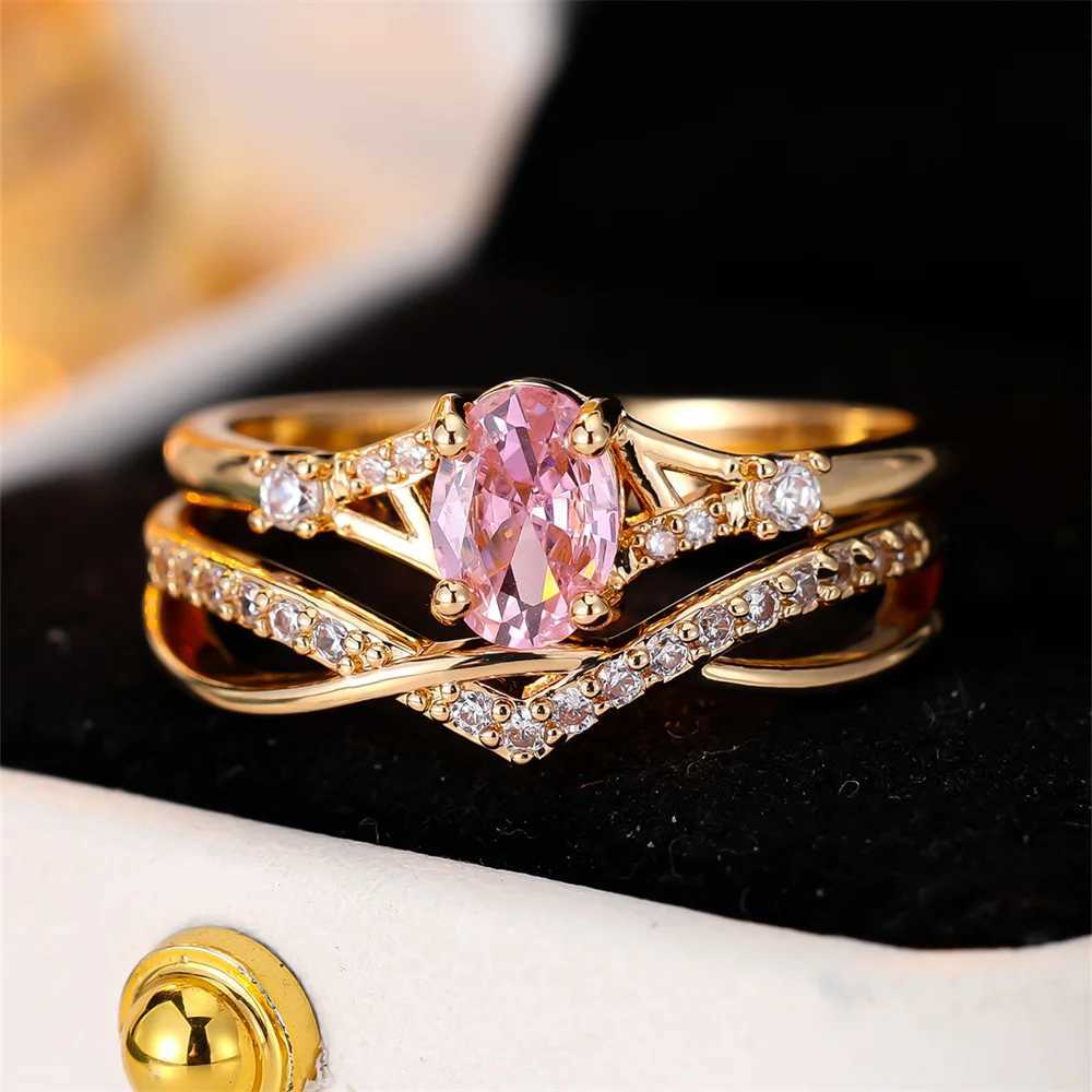 2pcs Elegant Pink Zircon Oval Stone Ring Sets For Women Vintage Gold Color Engagement Bands Wedding Jewelry Set Versatile GiftsXJ251031
