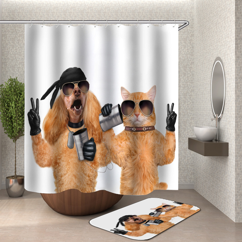 YL-37596 3D Digital Shower Curtain for Kitty Bathing, Bathroom Dry and Wet Separation, Polyester with Hooks, Isolation Curtain