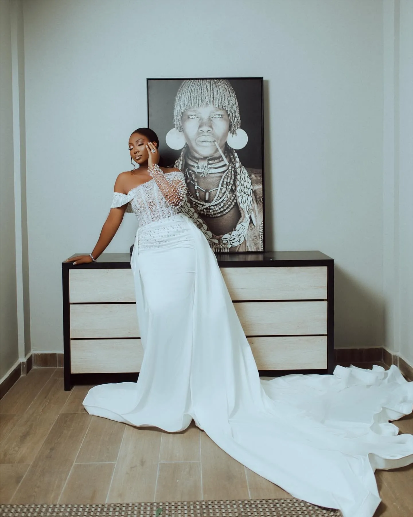 White Mermaid Wedding Dresses Plus Size Pearls Full Sleeves Satin Elegant Bridal Gowns Dresses Vestidos De Novia