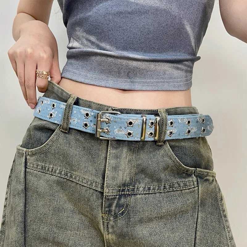 Edgy Punk Denim Double Buckles Star Belts Y2K Rock Style Hollow Out Stars Waistband for Women Men Jeans Fashion Deco AccessoriesW251030