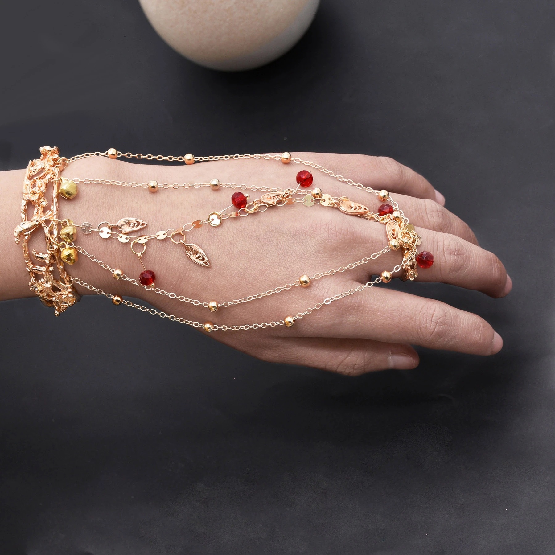 Jewellery High Quality Gold Toned Multi Chain Hand Harness with Red Beads Leaf Accents Bohemian Retro Style for All Occasions Gift Textured Eye-Catching Accessory