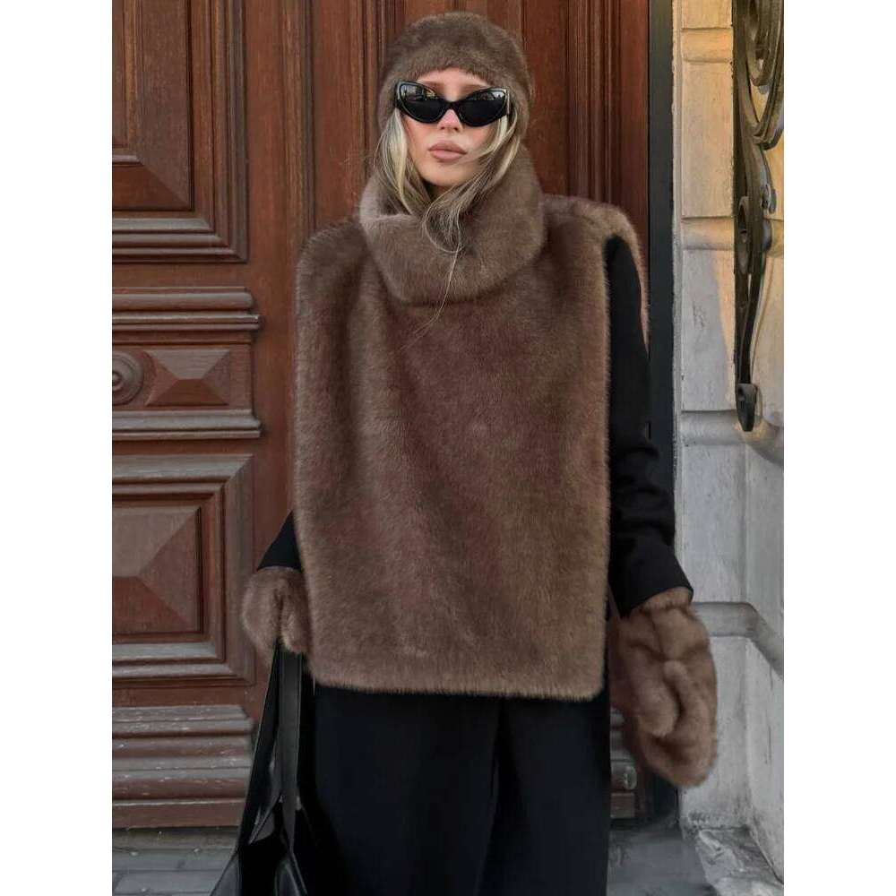 Fashion Faux Fur Vest Crop Top Women Elegant Solid Turtleneck Fluffy Short Tank Tops 2025 Winter Female Sleeveless Jacket Coat