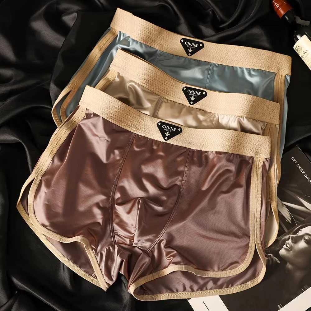 3PCSPack Luxury Satinlike Ice Silk Mens Panties Hygroscopic Breathable Doublelayer Silk Crotch Boxer High Elastic UnderpantsT251031