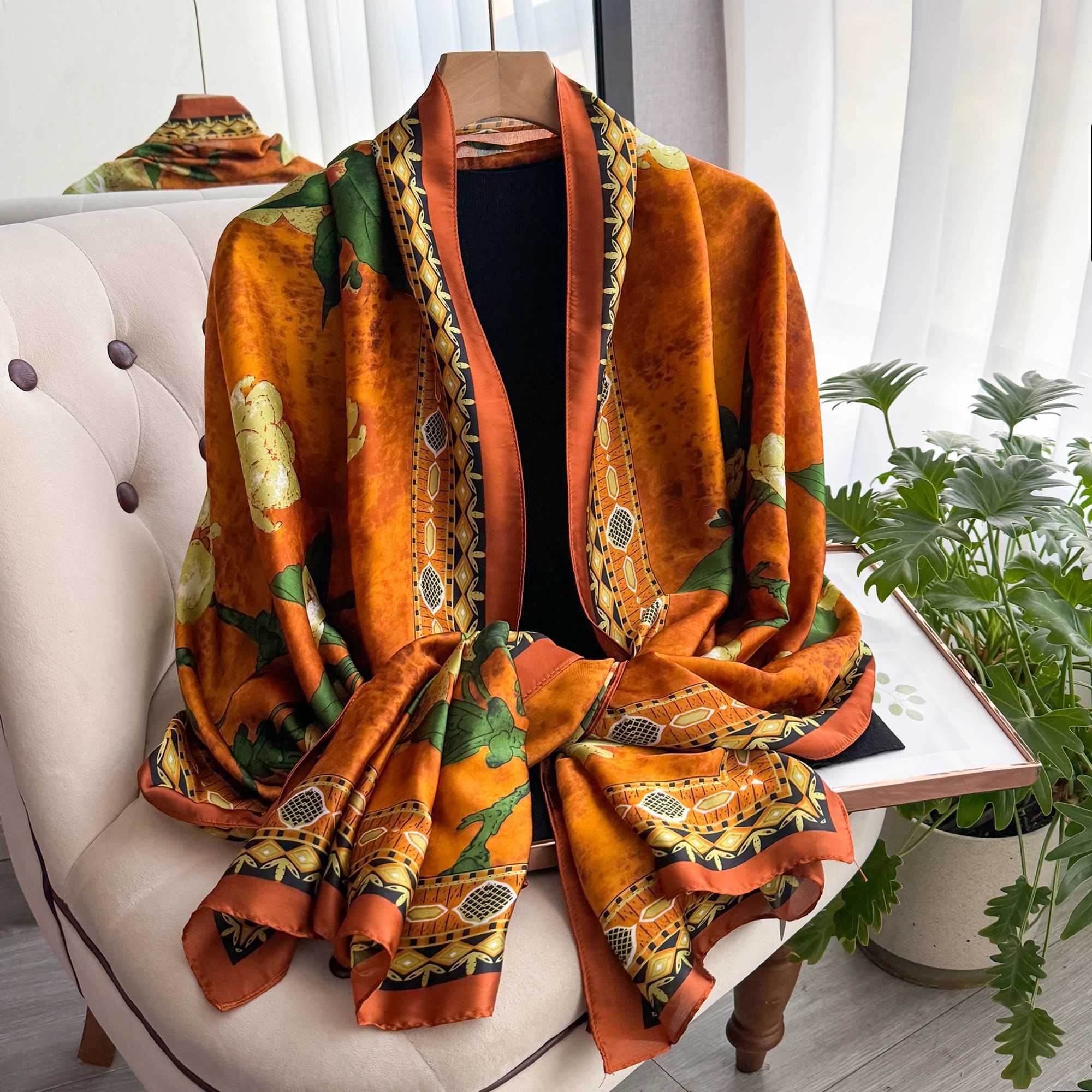 New Geometry Design Large Silk Soft Scarf Women Stylish Print Long Shawl Handkerchief Summer Sun protection Elegant Travel Wrap C251031
