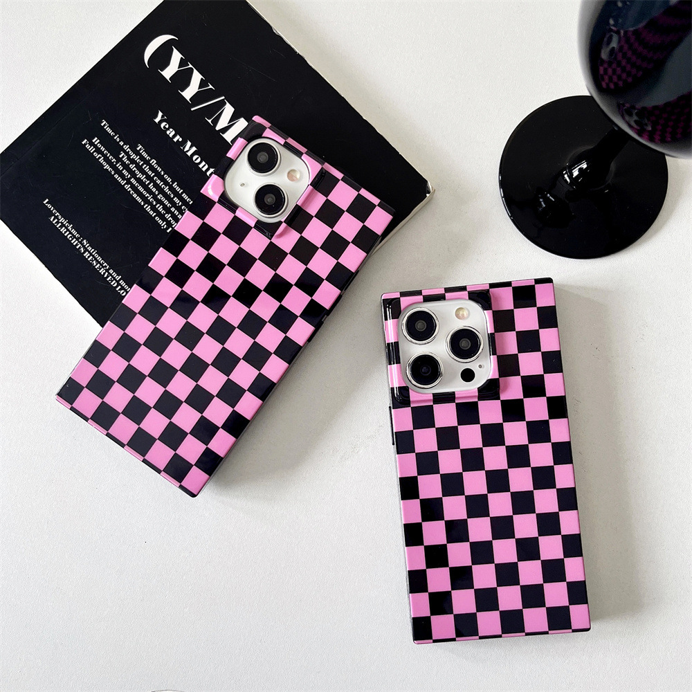 Pink and Black Checkerboard Phone Case Compatible with iPhone 17/16/15/14 Pro Max Niche Square Case iPhone 13 Pro