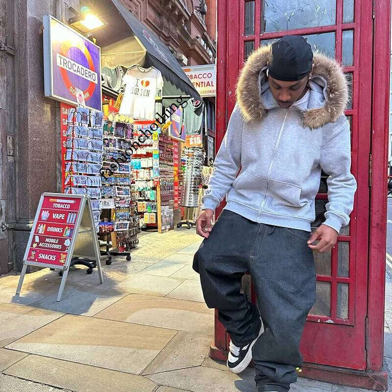 Casual Y2K Zip up hoodie Faur collar Haruku Streetwear Hiphop Zipper Hoodie sweatshirt Vintage Rock Goth Loose Punk EMO Jacket