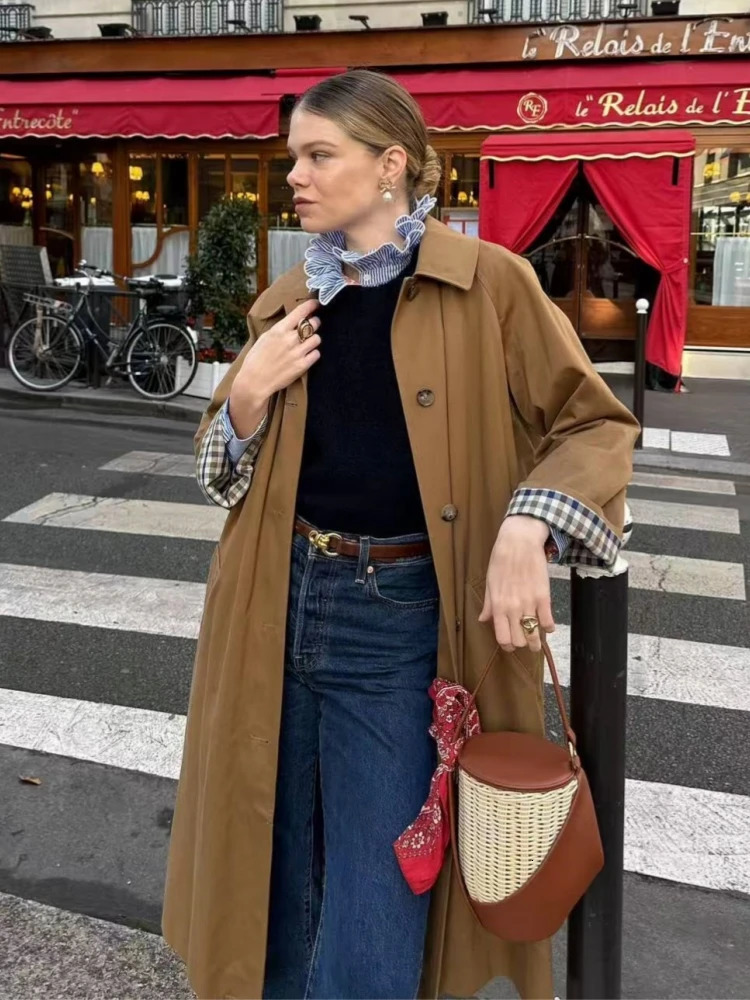 Women Casual Khaki Plaid Lined Lapel Trench Coats Autumn Single Breasted Loose Jacket Female Chic Overcoat Streetwear 251029