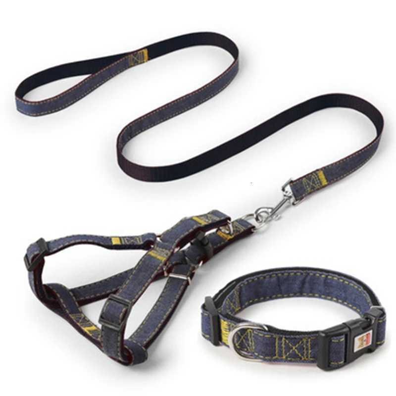 Pet Dog Collar Leash Harness Suit Adjustable Durable Leashes Pet Harnesses Wearresistant Denim Leash Outdoor Dog Walking Leash C251031